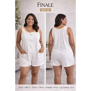 Vintage Intimate Style White Terry Cloth Romper Yellow Trim Seashell Zip 1X